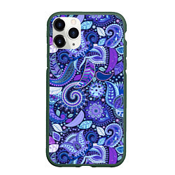 Чехол iPhone 11 Pro матовый Фиолетовые цветы узор, цвет: 3D-темно-зеленый