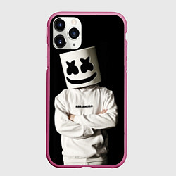 Чехол iPhone 11 Pro матовый Marshmello на чёрном фоне, цвет: 3D-малиновый