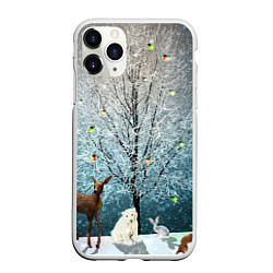 Чехол iPhone 11 Pro матовый Звери в новогоднем лесу, цвет: 3D-белый