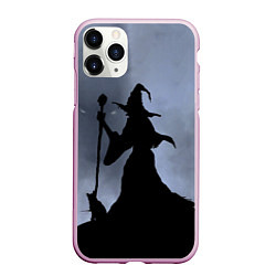 Чехол iPhone 11 Pro матовый Halloween - силуэт ведьмы с котом, цвет: 3D-розовый