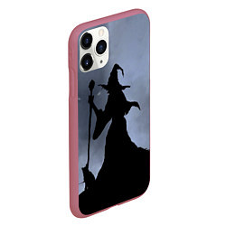 Чехол iPhone 11 Pro матовый Halloween - силуэт ведьмы с котом, цвет: 3D-малиновый — фото 2