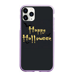 Чехол iPhone 11 Pro матовый Happy Halloween надпись с летучими мышами, цвет: 3D-сиреневый