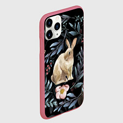 Чехол iPhone 11 Pro матовый Новогодний кролик - Веточки и цветочки, цвет: 3D-малиновый — фото 2
