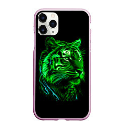 Чехол iPhone 11 Pro матовый Нейросеть: неоновый зелёный тигр, цвет: 3D-розовый