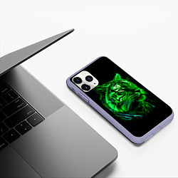 Чехол iPhone 11 Pro матовый Нейросеть: неоновый зелёный тигр, цвет: 3D-светло-сиреневый — фото 2