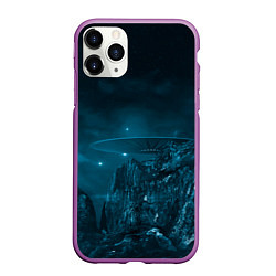 Чехол iPhone 11 Pro матовый Синий космос, горы и нло, цвет: 3D-фиолетовый
