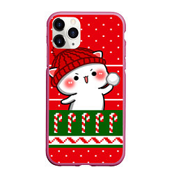 Чехол iPhone 11 Pro матовый Белый котик - игра в снежки, цвет: 3D-малиновый