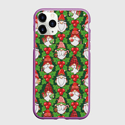 Чехол iPhone 11 Pro матовый Новогодние гномы - паттерн, цвет: 3D-фиолетовый