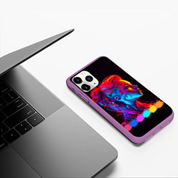 Чехол iPhone 11 Pro матовый Нейросеть - девушка киборг в неоновом свечении, цвет: 3D-фиолетовый — фото 2