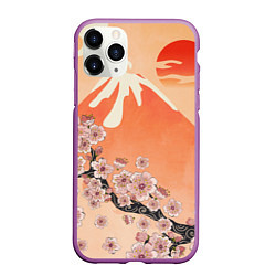 Чехол iPhone 11 Pro матовый Ветка цветущей сакуры и вулкан, цвет: 3D-фиолетовый