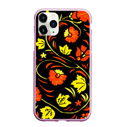 Чехол iPhone 11 Pro матовый Хохлома черный фон, цвет: 3D-розовый