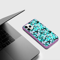Чехол iPhone 11 Pro матовый Пятнистый абстрактный узор серый с бирюзовыми лини, цвет: 3D-фиолетовый — фото 2
