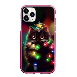 Чехол iPhone 11 Pro матовый Новогодний котик с гирляндой, цвет: 3D-малиновый