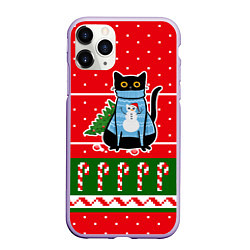 Чехол iPhone 11 Pro матовый Котик в синем свитере с ёлочкой