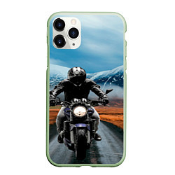 Чехол iPhone 11 Pro матовый Мотоцикл в горах, цвет: 3D-салатовый