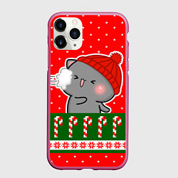 Чехол iPhone 11 Pro матовый Серый котик - играет в снежки, цвет: 3D-малиновый