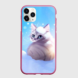 Чехол iPhone 11 Pro матовый Заснеженный котик, цвет: 3D-малиновый