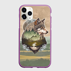 Чехол iPhone 11 Pro матовый Портрет волка в технике двойной экспозиции, цвет: 3D-фиолетовый