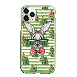 Чехол iPhone 11 Pro матовый Кролик в очках на фоне елок, цвет: 3D-салатовый