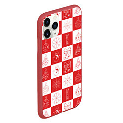 Чехол iPhone 11 Pro матовый Красно-белые квадраты с шариками и снежинками, цвет: 3D-красный — фото 2
