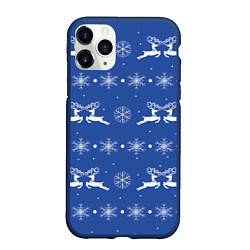 Чехол iPhone 11 Pro матовый Белые олени со снежинками на синем фоне