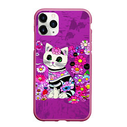 Чехол iPhone 11 Pro матовый Зеленоглазый котенок в цветах, цвет: 3D-малиновый