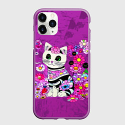 Чехол iPhone 11 Pro матовый Зеленоглазый котенок в цветах, цвет: 3D-фиолетовый