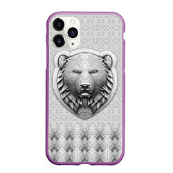 Чехол iPhone 11 Pro матовый Медведь чёрно-белый барельеф с этническим орнамент, цвет: 3D-фиолетовый
