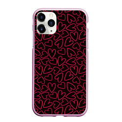 Чехол iPhone 11 Pro матовый Розовые сердечки на темном фоне, цвет: 3D-розовый