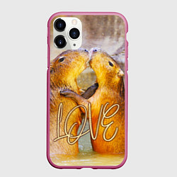 Чехол iPhone 11 Pro матовый Влюблённые капибары, цвет: 3D-малиновый