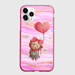 Чехол iPhone 11 Pro матовый Мишка с шариком Love, цвет: 3D-малиновый