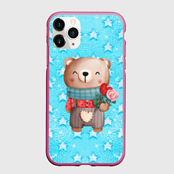 Чехол iPhone 11 Pro матовый Мишка с розой, цвет: 3D-малиновый
