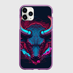 Чехол iPhone 11 Pro матовый Неоновый бык, цвет: 3D-фиолетовый