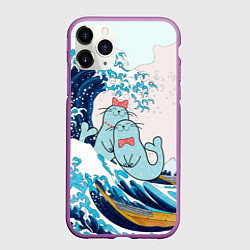 Чехол iPhone 11 Pro матовый Влюбленные тюлени у большой волны Канагава, цвет: 3D-фиолетовый