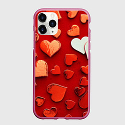 Чехол iPhone 11 Pro матовый Красные сердца на красном фоне, цвет: 3D-малиновый