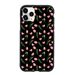 Чехол iPhone 11 Pro матовый Тюльпаны и сердечки на черном - паттерн, цвет: 3D-черный