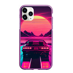 Чехол iPhone 11 Pro матовый Синтвейв закат и автомобиль, цвет: 3D-фиолетовый