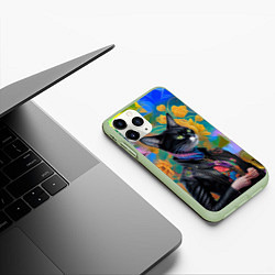 Чехол iPhone 11 Pro матовый Модная кошечка в кожаной куртке - нейросеть, цвет: 3D-салатовый — фото 2