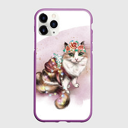 Чехол iPhone 11 Pro матовый Милая кошечка с цветами, цвет: 3D-фиолетовый