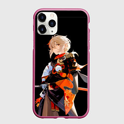 Чехол iPhone 11 Pro матовый Казуха с мечом - Genshin Impact, цвет: 3D-малиновый