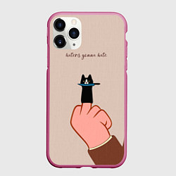 Чехол iPhone 11 Pro матовый Котик с ножиком и средний палец - текстура холста, цвет: 3D-малиновый