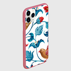 Чехол iPhone 11 Pro матовый Узоры и птицы, цвет: 3D-малиновый — фото 2