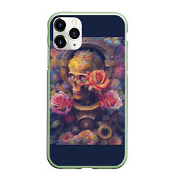 Чехол iPhone 11 Pro матовый Череп и розы жизни, цвет: 3D-салатовый