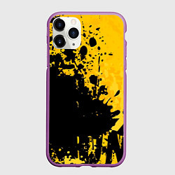 Чехол iPhone 11 Pro матовый Пятна черной краски на желтом фоне, цвет: 3D-фиолетовый