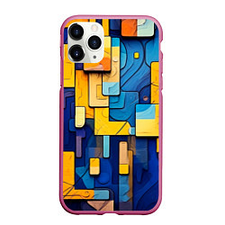 Чехол iPhone 11 Pro матовый Синие и жёлтые фигуры, цвет: 3D-малиновый