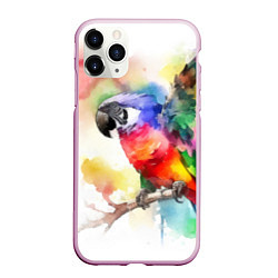 Чехол iPhone 11 Pro матовый Разноцветный акварельный попугай, цвет: 3D-розовый