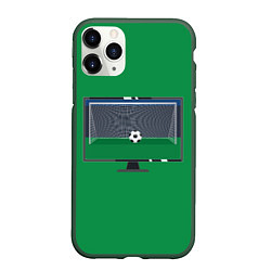 Чехол iPhone 11 Pro матовый Футбольный мяч и ворота на экране монитора, цвет: 3D-темно-зеленый