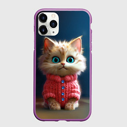 Чехол iPhone 11 Pro матовый Котик в розовом свитере, цвет: 3D-фиолетовый