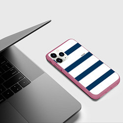 Чехол iPhone 11 Pro матовый Бело-синий полосатый узор, цвет: 3D-малиновый — фото 2