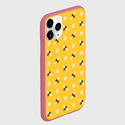 Чехол iPhone 11 Pro матовый Пчелы и цветы паттерн, цвет: 3D-малиновый — фото 2